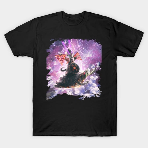 Lazer Warrior Space Cat Riding Turtle With Pizza T-Shirt by Random Galaxy